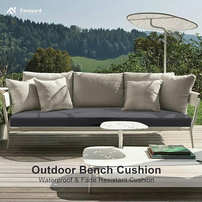 Favoyard Outdoor Bench Cushion 59 × 16 Inch Waterproof & Color Resistant Patio Benches Cushions for Garden Loveseat Swing Couch Furniture with Handle, Removable Cover and Adjustable Straps, Dark Grey