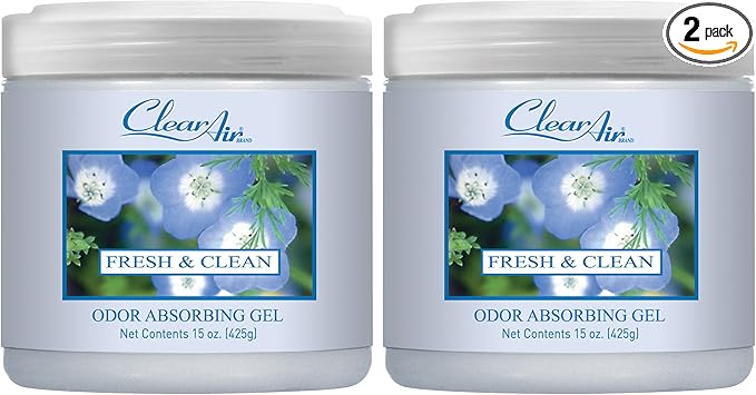 Clear Air Odor Absorber Gel - 15 oz, Pack of 2 - Air Freshener Absorbs and Eliminates Odors in Bathrooms, Cars, Boats, RVs and Pet Areas - Made with Essential Oils - Fresh & Clean Scent