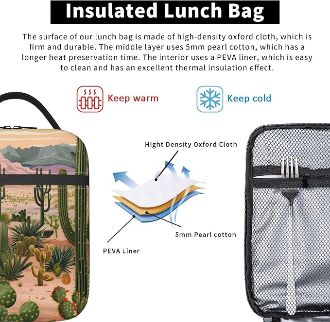 Cactus Lunch Box for Women Adults Kids, Insulated Cooler Lunch Bag for Picnic, School, Office, Travel, Work, Portable Reusable Polyester Tote Thermal Lunch Bags (Scenic Cactus)
