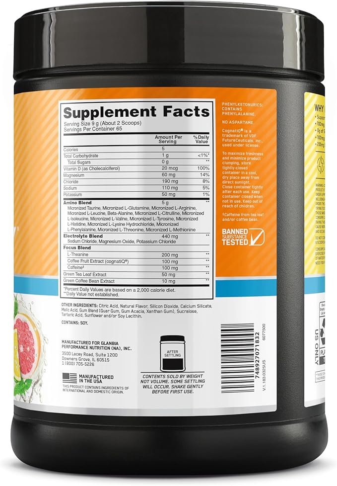 Optimum Nutrition Amino Energy Powder Plus Focus, with BCAA, Electrolytes, and Caffeine, Sunkissed Citrus, 65 Servings (Packaging May Vary)