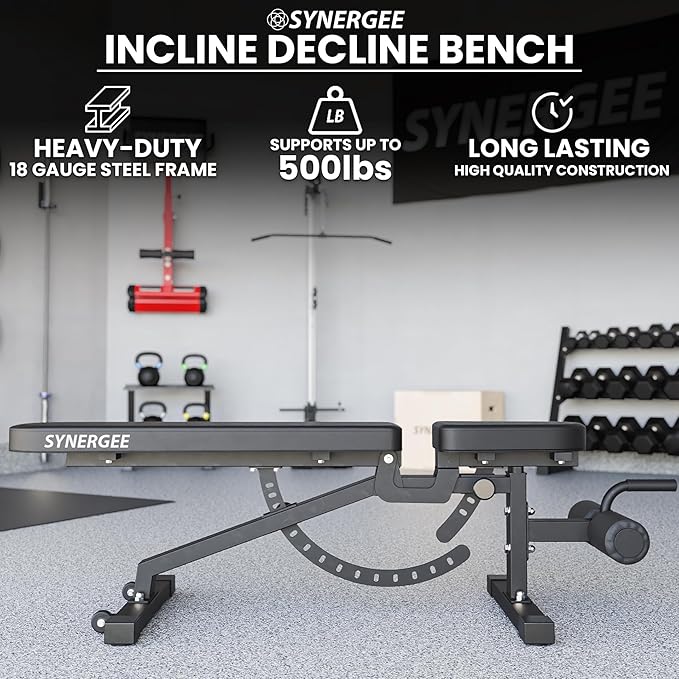 Synergee Adjustable Incline Decline Workout Bench. Weight Bench for Dumbbell & Barbell Press Exercises & Workouts. Great for Commercial, Garage and Home Gym.