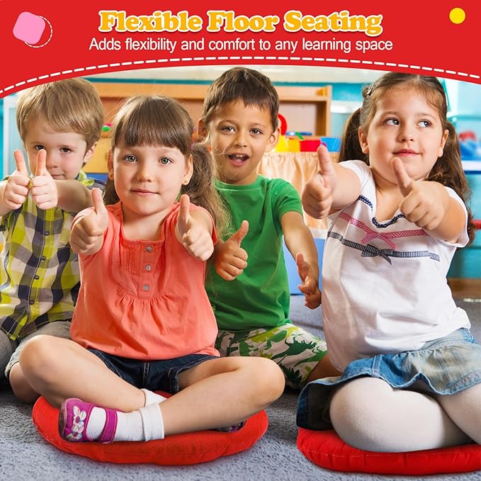 Fumete 8 Pcs 16 Inch Round Floor Cushions for Kids and Toddlers, Flexible Seating Classroom Furniture Floor Pillow for Home, Daycare, Preschool, Yoga and Meditation (Red)