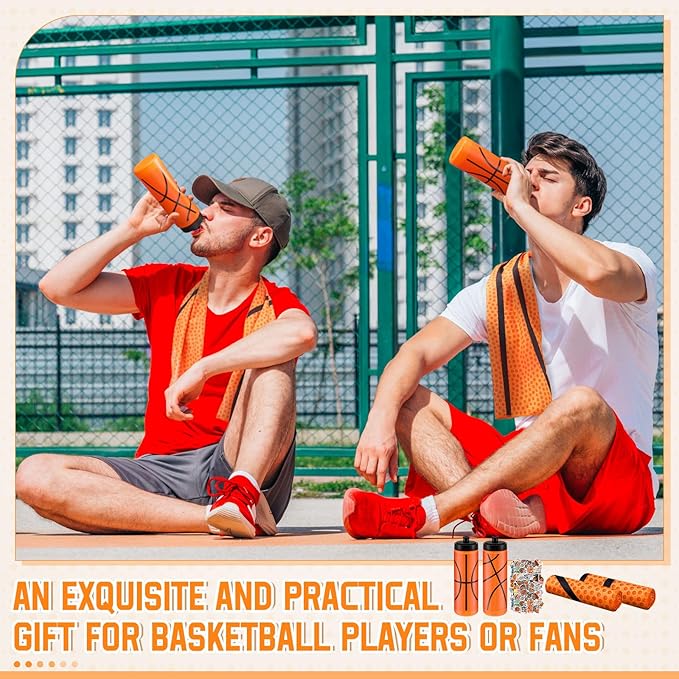 12 Pcs Basketball Water Bottle Basketball Cooling Towel Set with 50 Sticker Sports Party Favors Include 6 Reusable Sports Squeeze Water Bottle 6 Ice Towel Breathable Fast Drying for Team Gifts