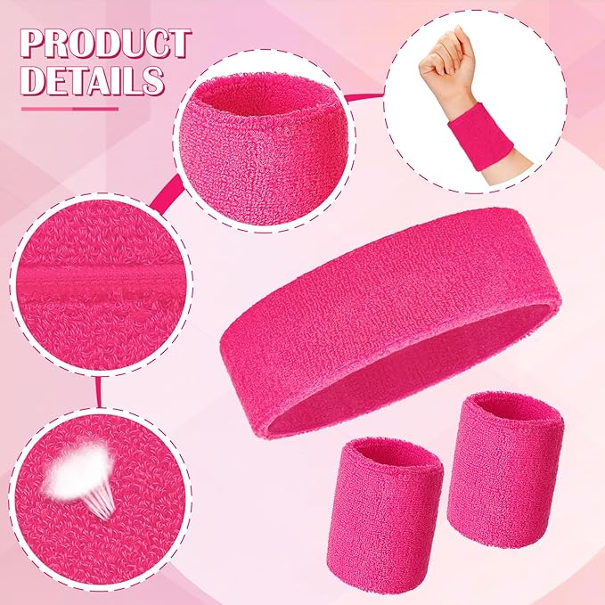 24 Pieces 80s Neon Sweatbands Set, Include 8 Sports Headbands and 16 Sweat Wristbands Elastic Athletic Tennis Sweat Bands Bulk for Man Woman