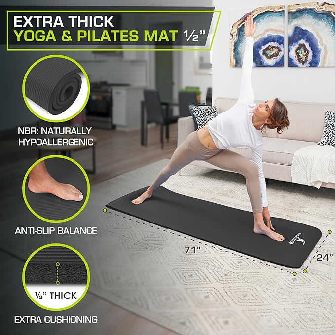ProsourceFit Extra Thick Yoga and Pilates Mat ½” (13mm), 71-inch Long High Density Exercise Mat with Comfort Foam and Carrying Strap