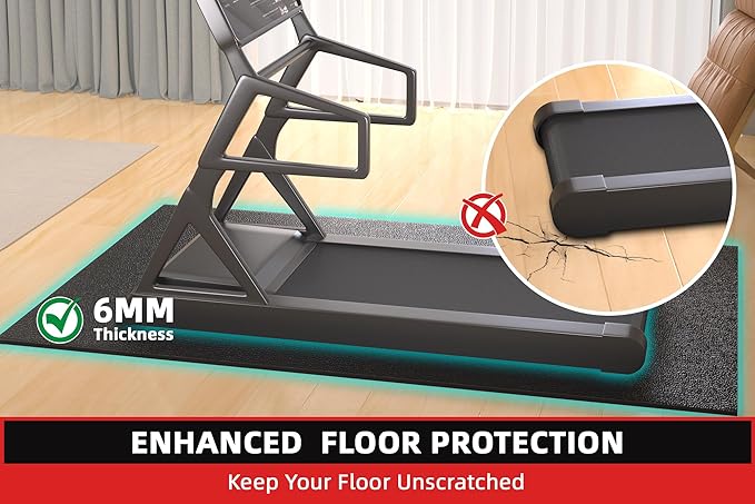 Treadmill Mat, 7'x3'/6'x3'/6'x2.5'/5.6'x2'/4'x2', 6mm Thick Exercise Equipment Gym Mat for Hardwood FloorCarpet, Compatible with Peloton Bike, Indoor Spin Bike, Elliptical