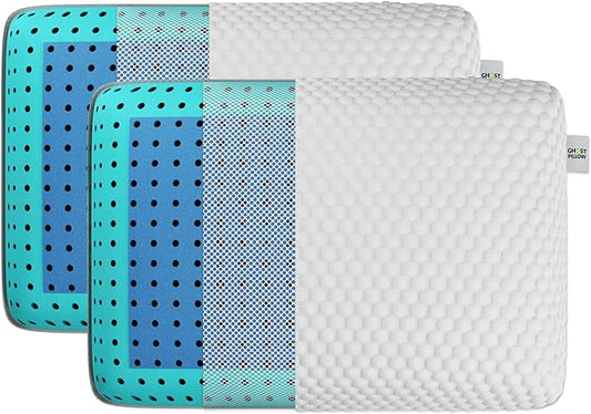 GhostBed Memory Foam Pillow - Memory Foam Pillow with Aerated Ergonomic Design - Patented Cooling Layer & Ghost Ice Cover - Medium Firm for Stomach Back or Side Sleepers