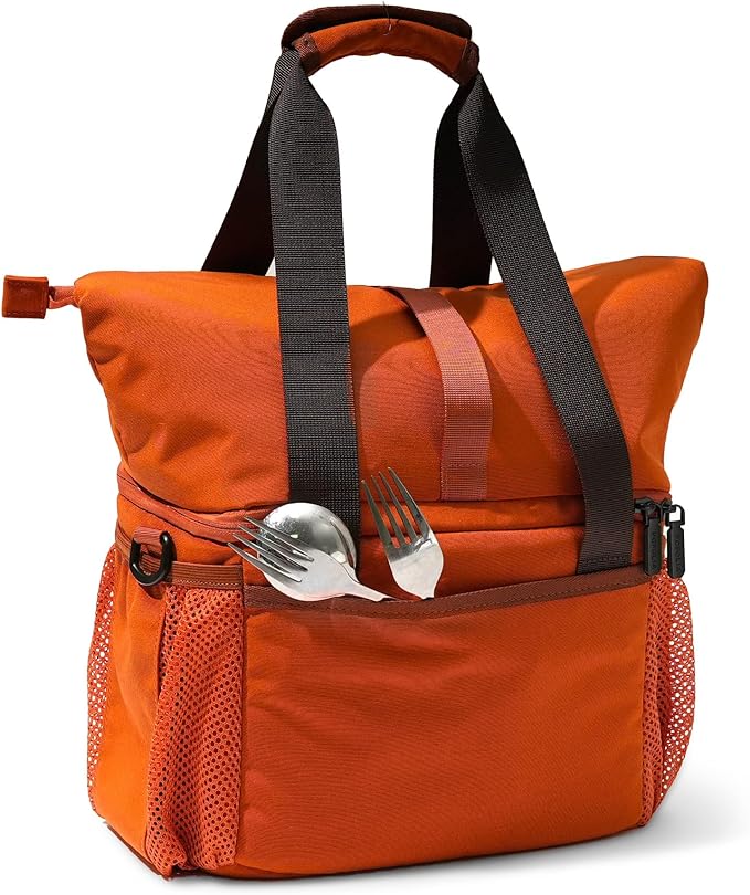 Dual Compartment Insulated Lunch bag, with 2 Leakproof Compartments & Roll-top, 13L lunchbox for work (Brown Orange)