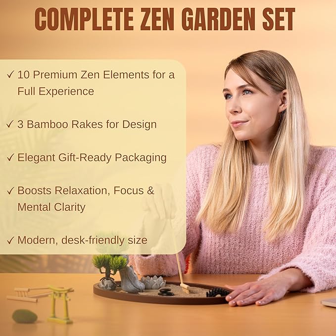 Zen Garden for Desk 13x8in – Japanese Decor with Buddha, Artificial Bonsai Tree, Tools & Accessories – Mini Zen Garden Kit for Office Desk, Home, Meditation Room, Desktop Gift Set