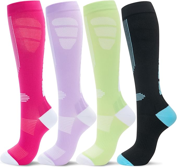 fenglaoda Compression Socks Women Men 4 Pairs, Knee High Support Socks for Running, Sports, Travel, Flight, Nurse
