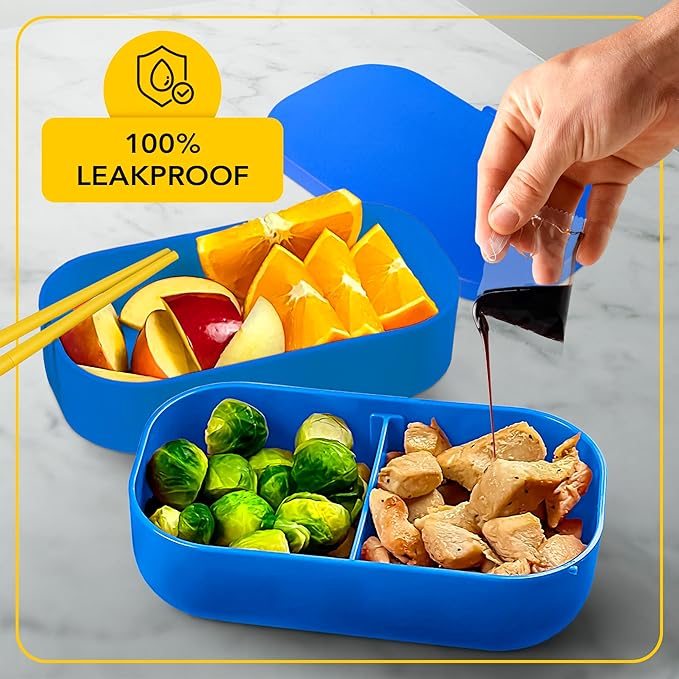 Insulated Stackable Bento Box for Adults with Reusable Chopsticks Japanese Lunch Box Microwavable & Leak Proof Lunch Containers for Men & Women Modern Cute Food Container with Compartments (Blue)