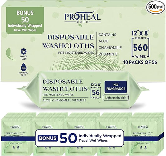 X Large Wet Wipes for Adults - Case of 10 Packs of 56 [560 Count] Disposable Incontinence Wipes, 12" x 8" Body Wipes for Elderly – BONUS 50 Individually Wrapped Shower Wipes