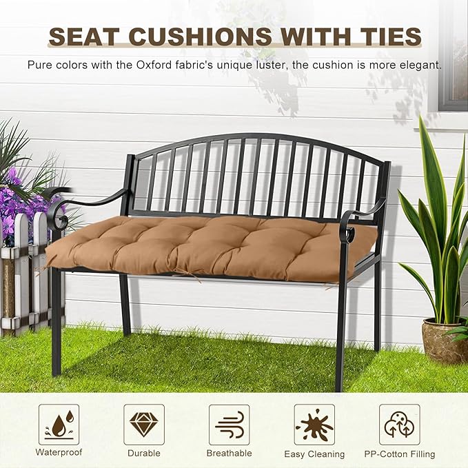 Outdoor Bench Cushion 40inches Waterproof & Fade Resistant Patio Furniture Cushions Tufted Fresh Porch Swing Lounger Loveseat Pads with Straps(Khaki-40x20in)