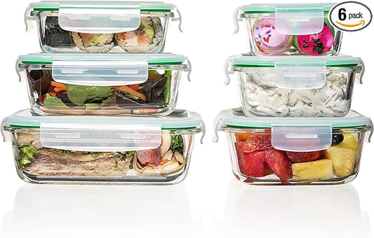 Fusion Gourmet Glass Meal Prep Containers with Lids [6 Pack] Storage Containers, Leak proof, Airtight Locking Lids, Microwave, Oven, Freezer & Dishwasher Safe