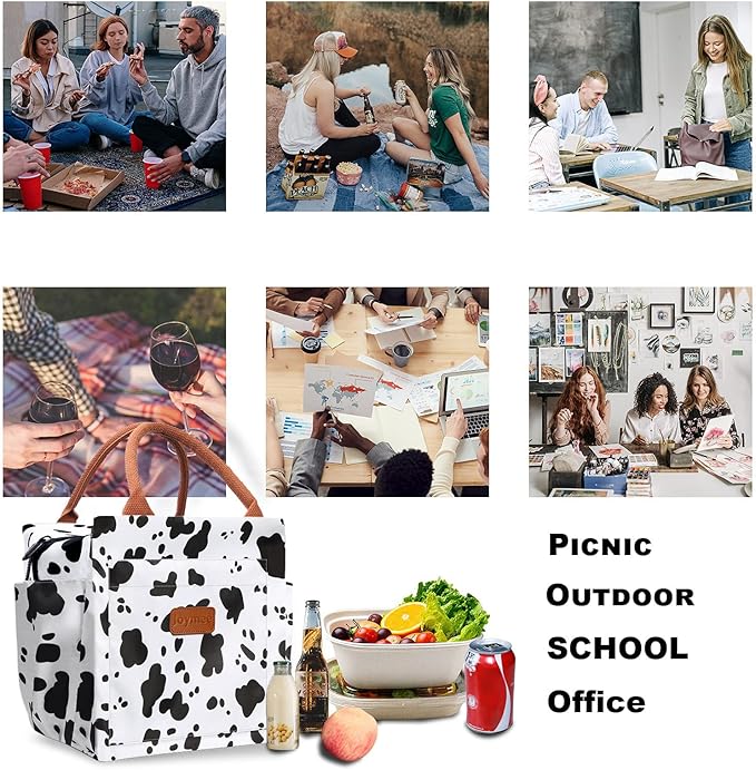 Joymee Lunch Bag Women Insulated Lunch Box Reusable Leakproof Large Spacious Cooler Tote for Womens Mens Adults with Bottle Holder and Side Pockets for Work Office Travel Picnic - Cow