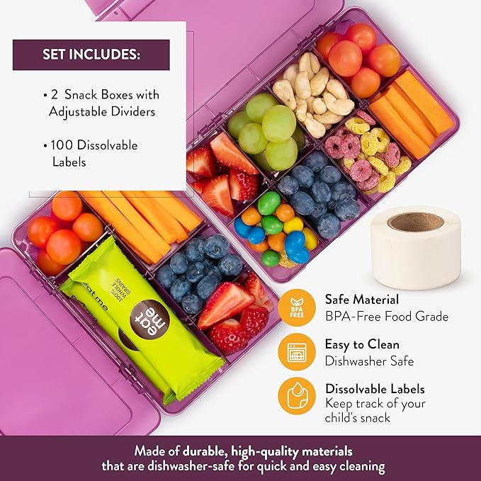 Snack Box Containers Set of 2-Reusable,100 Dissolvable Labels, 8 Adjustable Compartments, Dishwasher Safe, BPA-Free, Meal Prep Container, PARENT TESTED PARENT APPROVED AWARD (2 Pack) (Purple)