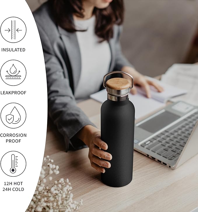 Bambaw 24 oz Insulated Stainless Steel Water Bottle - Jet Black, Leakproof, Dishwasher Safe, Double Wall, Cold 24 Hours