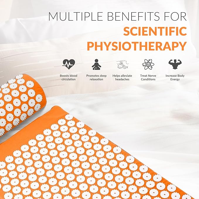 Fitvids Acupressure Mat and Pillow Set for Back/Neck Pain, Acupuncture Products to Relieve Muscle Fatigue, Improve Insomnia for Sedentary People, Acupuncture Eases Stress, Massage Mat, Orange