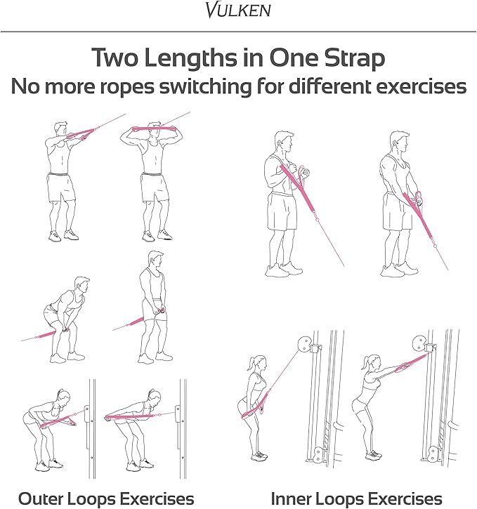 Vulken Tricep Rope Cable Attachment. 28.7 Inch & 22 Inch Two Lengths Built in One Pull Down Rope, Black & Pink