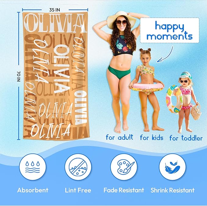 JML Personalized Beach Towel with Name, Custom Beach Towel with Name, Customized Microfiber Pool Towel, Quick Dry & Absorbent Swim Towel for Adult,Anniversary, Birthday, Summer Holiday,Vacation