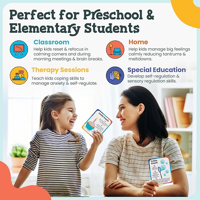 Breathing Cards for Kids – Mindfulness & Calming Corner Kit Must Haves, Yoga & Speech Therapy Materials, Special Education Classroom Office, Social Emotional Learning, Mindful Sensory Play Activities