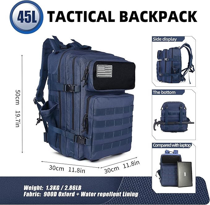 gracedon Tactical Backpack - Military Molle Bag 3 Days Pack for men and Women Large Assault Rucksack 45L (Navy)