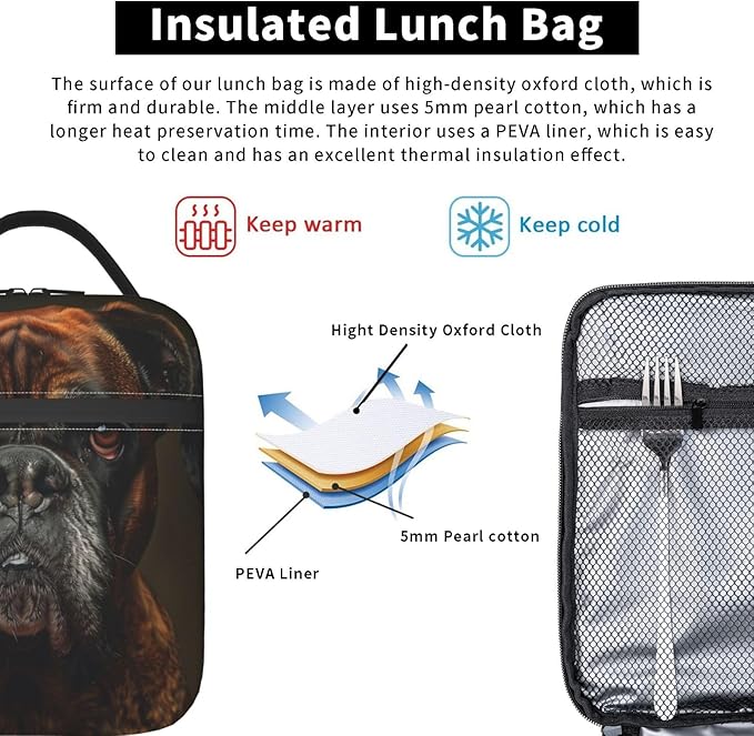 Boxer Dog Lunch Box for Women Men, Insulated Lunch Box Reusable Portable Lunch Bag Cooler Tote Waterproof Lunch Container for Office Picnic Work Travel