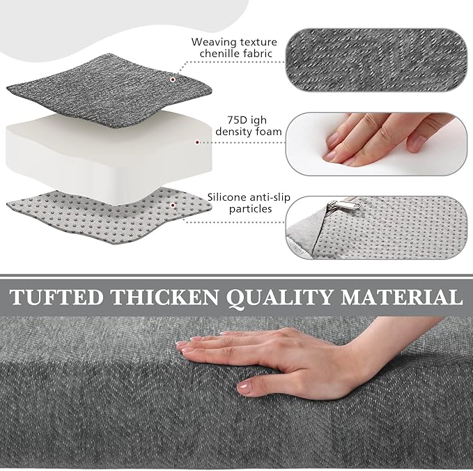 Leinuosen Bench Cushion 42x16x4 Inch for Indoor Furniture Weaving Texture Chenille Kitchen Bay Window Non Slip Seat Cushion Tufted Thicken Pad for Patio Porch, Mudroom Entryway (Gray)