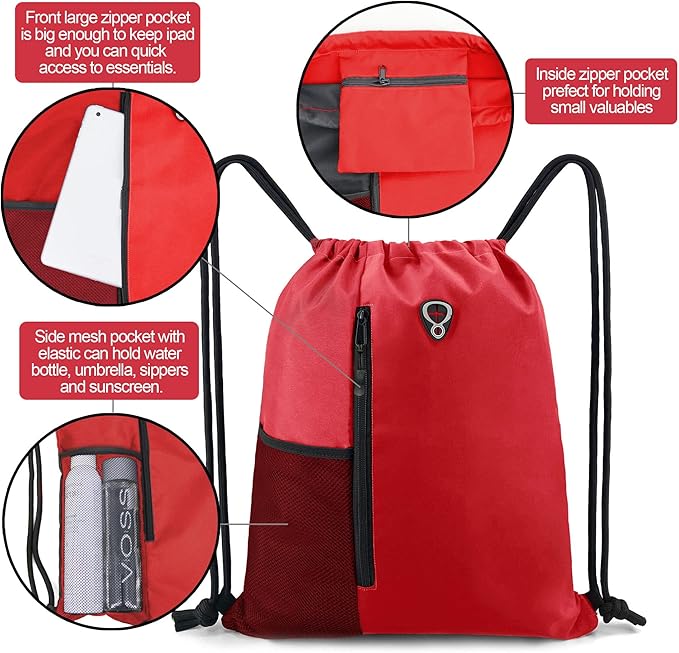 BeeGreen Red Lightweight Drawstring Backpack For Women W Water Bottle Pocket &Front Zippered Pocket Large Sports String Sackpack For Traveling Yoga Beach Outdoor Gym