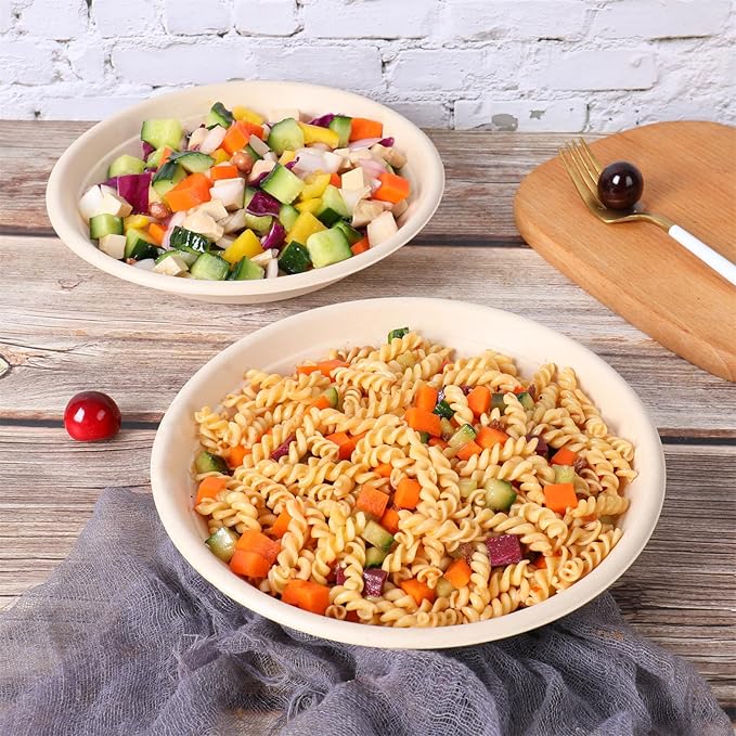 24 oz Round Disposable salad bowls with lids, Sugarcane Fiber Paper Bowls take away food containers Plant Fibers Freezer Safe 50 Pack