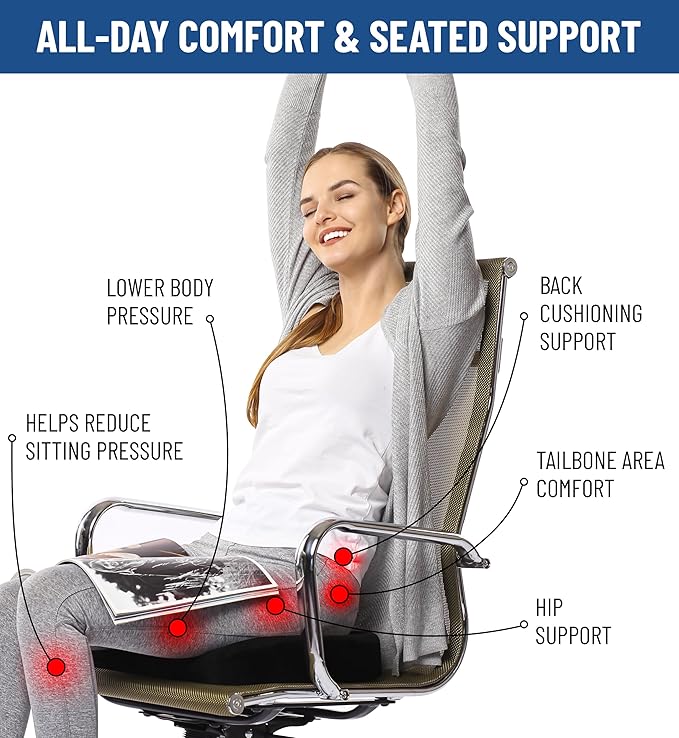 Everlasting Comfort Doctor Recommended Memory Foam Seat Cushion for Office Chairs & Car Seat - Ergonomic Office Desk Accessories for Tailbone Pain Relief, Sciatica & Back Support