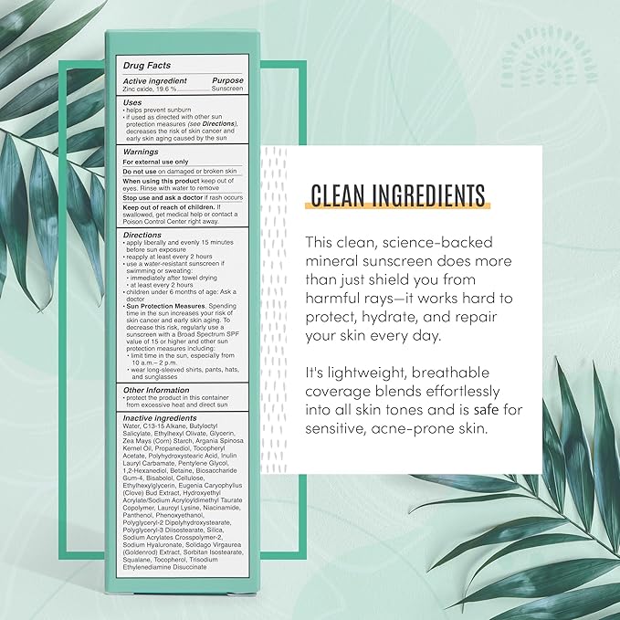 Active Skin Repair SPF 50 Hydrating Daily Sunscreen and Face Moisturizer, Non-Nano Zinc, Non-Toxic Broad Spectrum Protection Hydrating Mineral Facial Sunscreen, 1.7 fl. oz.