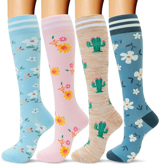 fenglaoda Compression Socks Women Men 4 Pairs, Knee High Support Socks for Running, Sports, Travel, Flight, Nurse