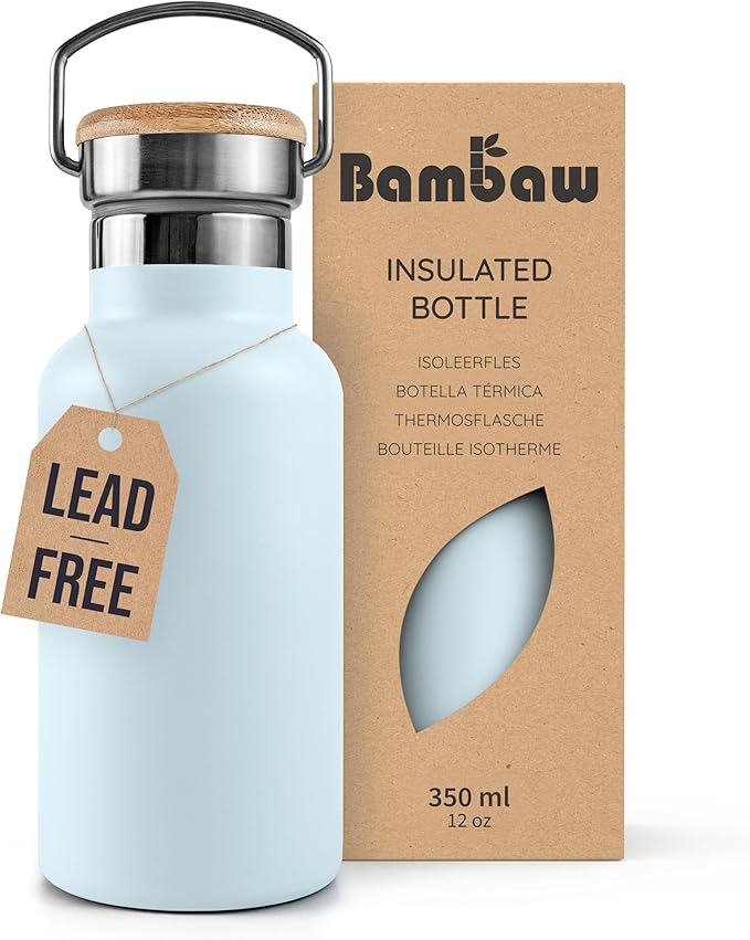 Bambaw Insulated Water Bottle 350ml, Light Blue Water Bottle, Stainless Steel Water Bottle, Leakproof Water Bottle, Small Water Bottle, Metal Water Bottle, Hiking Water Bottle - Ice Blue