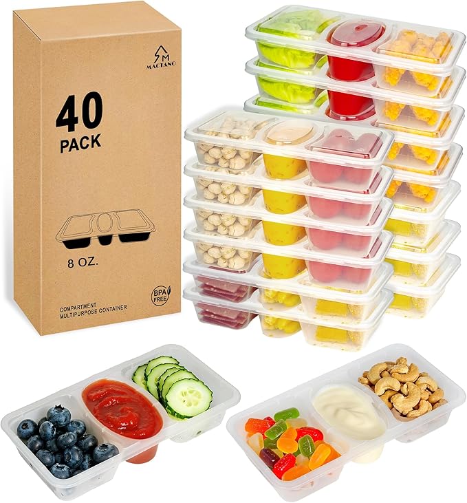 8 OZ Reusable Snack Containers with Lids, New 3 Compartment Condiment Snack Pack Containers 40 Sets