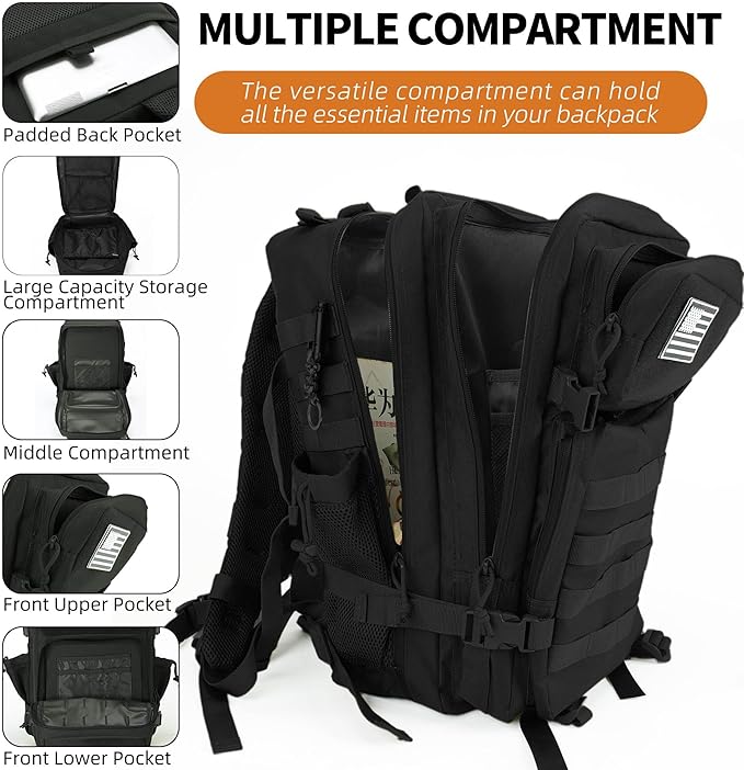 gracedon Military Tactical Backpack for Men and Women Army Camping Daypack Bug out Bag 45l Asault Pack for Travel Hiking (Black)