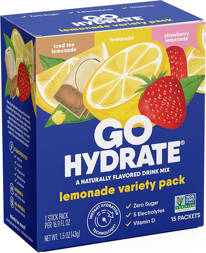 GoHydrate Instant Hydration Powder Packets - Low Sodium Electrolytes Drink Mix - Natural Hydration Support, Sugar Free Electrolyte Flavored Powder Drink with Vitamin D, 15 Packs, Lemonade Mixed