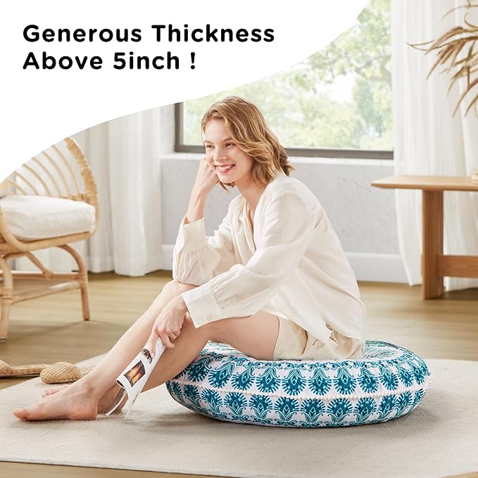 Codi Meditation Floor Pillow, Round Large Pillows Seating for Adults, Bohemian Mandala Circle Cushion for Outdoor Fireplace Yoga Living Room, 32 Inch, Memory Foam Added, Aqua