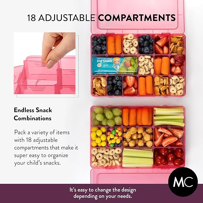 Large Kids Snack Box Containers Set of 2 -100 Labels, BPA-Free, Adjustable Compartments, Dishwasher Safe, Reusable Tray, Food Grade, Meal Prep Container, PARENT TESTED PARENT APPROVED AWARD (Pink)