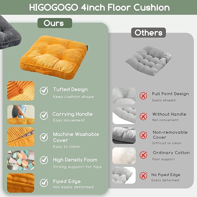Washable Floor Pillow Cushion for Adults, Meditation Cushion Pillow, Large Square Floor Sitting, Removable Tufted Corduroy Cover, for Tatami Living Room or Yoga, 22x22 Inch, 2Pack, Machine Washable