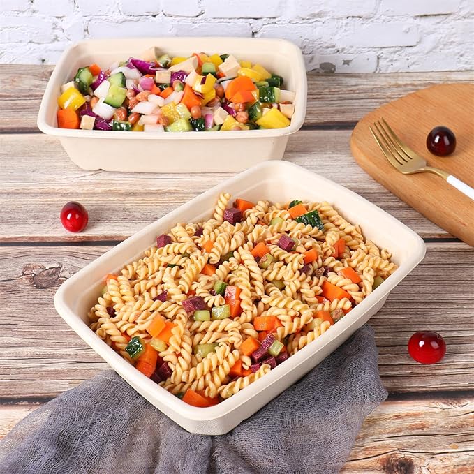 40 oz Rectangle Disposable salad bowls with lids, Sugarcane Fibers Bowls take away food containers Plant Fibers Freezer Safe 50 Pack