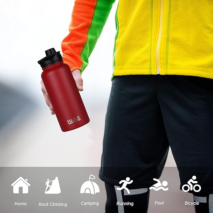 HASLE OUTFITTERS 32 oz Insulated Water Bottle Stainless Steel Double Walled Vacuum Sports Water Bottle with 2 Lids (Straw and Spout Lid) for Gym Camping Hiking(Red,8)