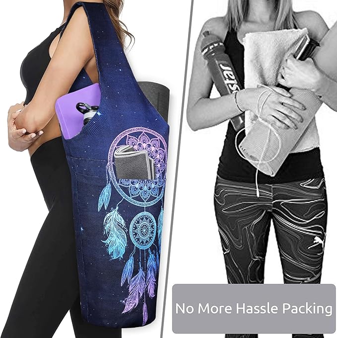 Fashion Printed Yoga Mat Bag with Large Side Pocket & Zipper Pocket Long Tote Yoga Bag Fit Most Size Mats - Holds More Yoga Accessories