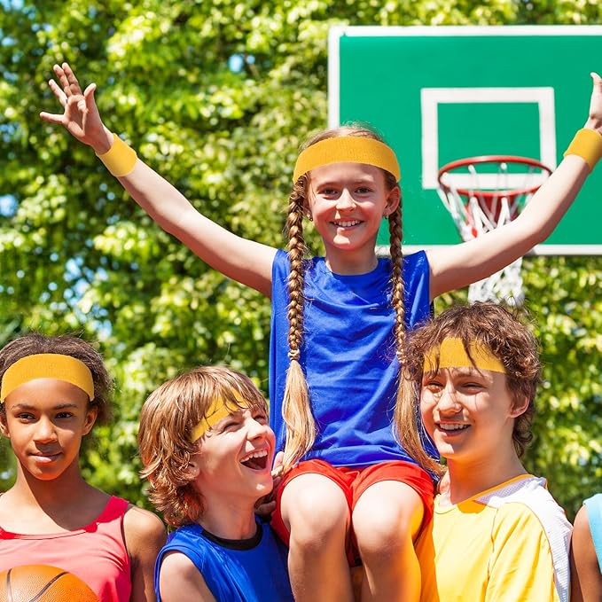 Bememo 36 Pcs Neon Sweatbands Set for Kids Bulk Sports Headband Wristband Set Cotton Terry Basketball Tennis for Students Youth 80s 90s Halloween Costumes Cosplay Glow Party