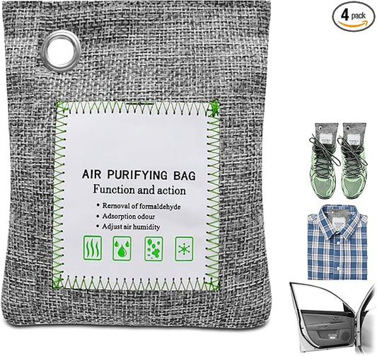 4 Pack charcoal odor absorber,Bamboo Charcoals Air Purifying Bag Charcoals Deodorizer Eliminator for Strong Odors in Car, Closet, Shoe, Basement (100G*4 Pack Gray-3, Unscented)