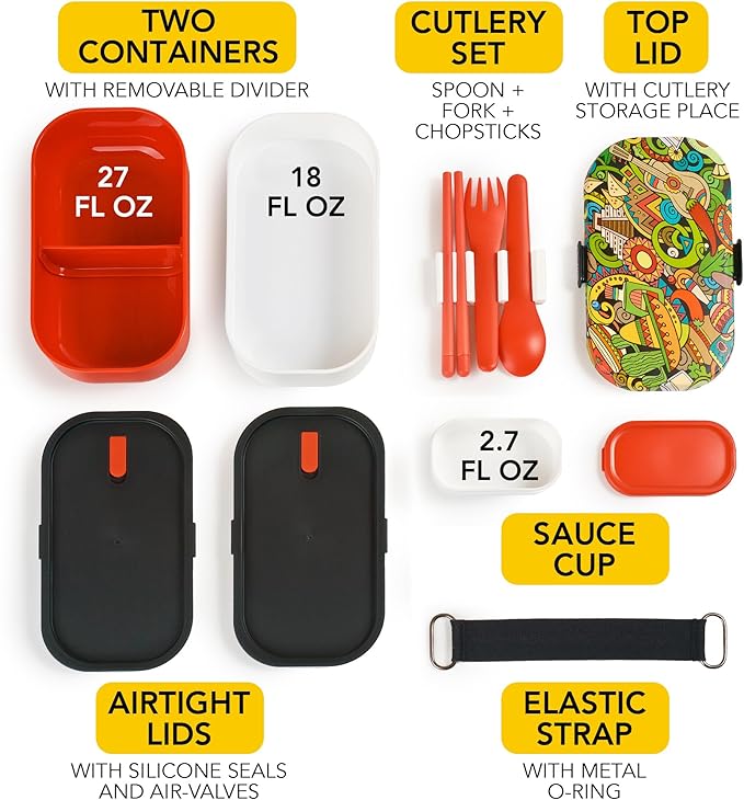 Insulated Stackable Bento Box for Adults with Reusable Chopsticks Japanese Lunch Box Microwavable & Leak Proof Lunch Containers for Men & Women Modern Cute Food Container with Compartments (Red White)