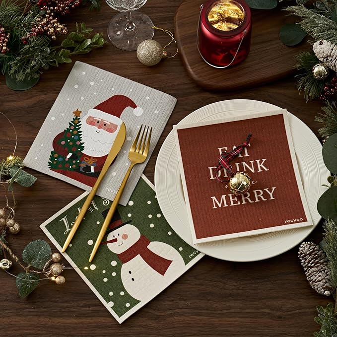 RECYCO 4 Pack Christmas Swedish Dishcloths for Kitchen | Classic Red Washable Dish Towels | Cellulose Reusable Cleaning Paper Towels | Absorbent Counter Dish Cloth Sponge Kitchen Wipes, 7" x 8"