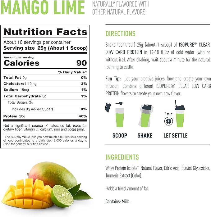 Isopure Clear Whey Isolate Protein Powder, Lactose Free, Gluten Free, Naturally Flavored, Mango Lime, 20g Protein Per Serving, 14.1 Oz, 16 Servings (Packaging May Vary)
