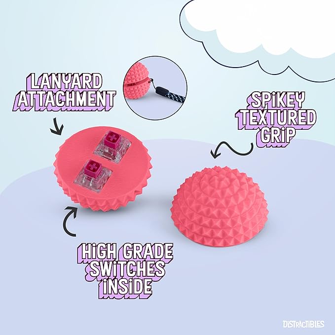 Round Spiked Sensory Fidget Clicker, Tactile Stimming Device with Mechanical Clicky Switches, Lanyard Attachment, Ideal for Pain Stim, ADHD, Autism & Stress Relief (Pink, Medium)