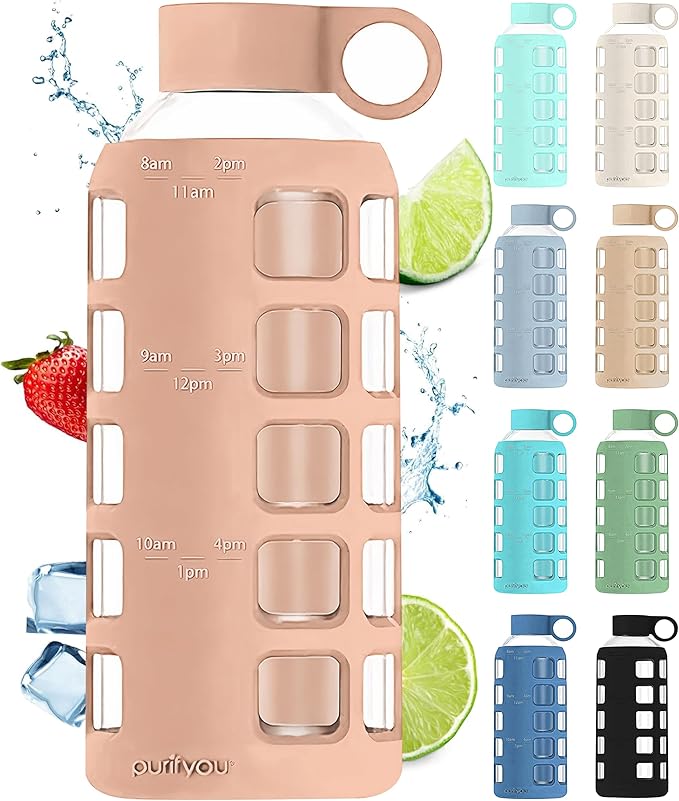 purifyou 40oz / 32oz / 22oz / 12oz Borosilicate Glass Water Bottle with Time & Volume Markers, Silicone Sleeve, Stainless Steel Lid | Reusable Glass Bottle for Water & Juice (22oz Hazelnut)